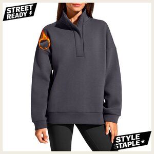Fleece Lined Half Zip Oversized Sweatshirt Dropped Shoulder Pullover